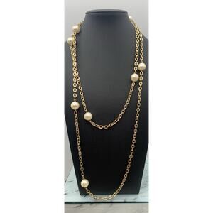 Vintage Long 46” Simple Gold Tone Chain With Faux Pearl Stations